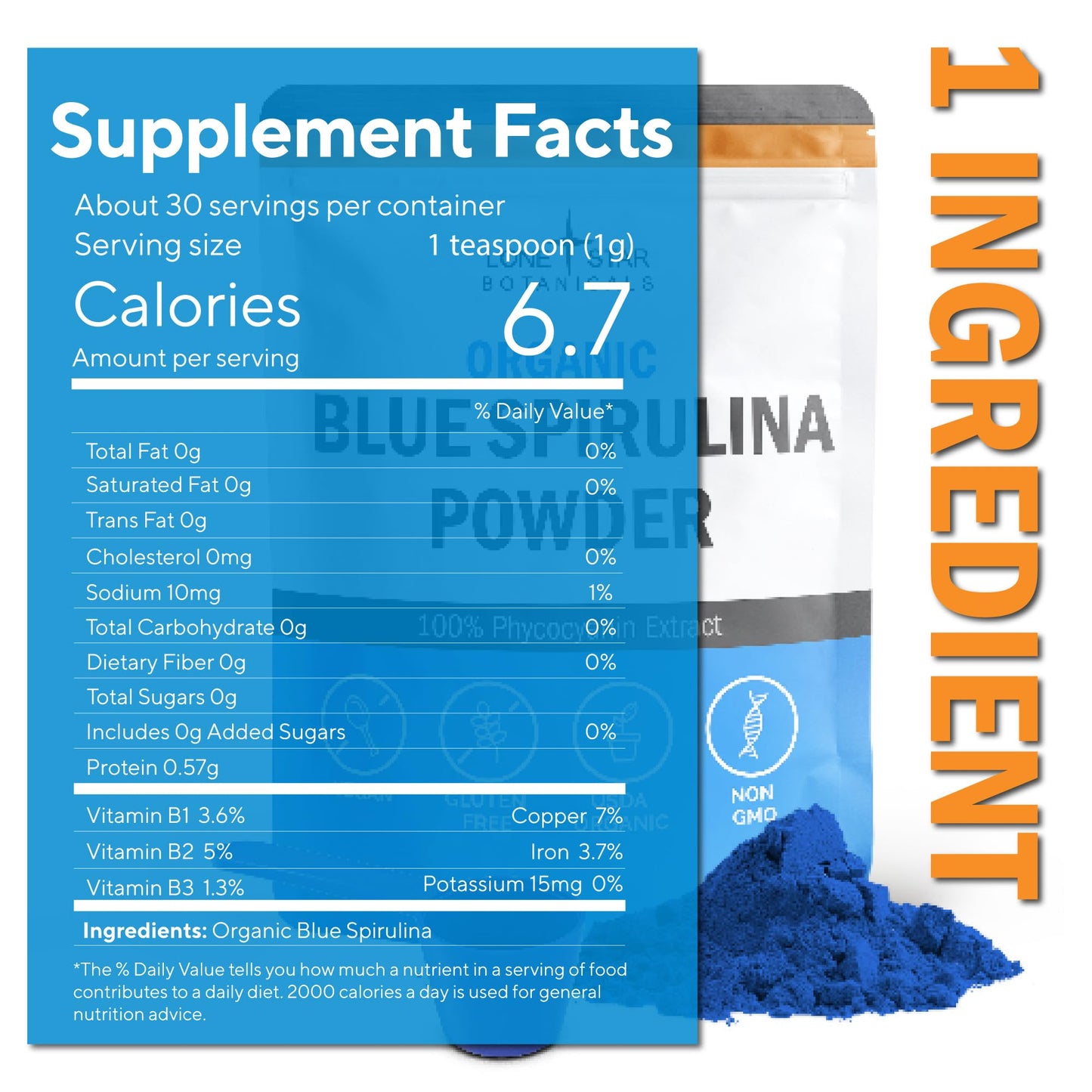 Lone Star Botanicals Organic Blue Spirulina Powder – 300 Servings, Non-GMO, Vegan, Gluten-Free, USDA Certified
