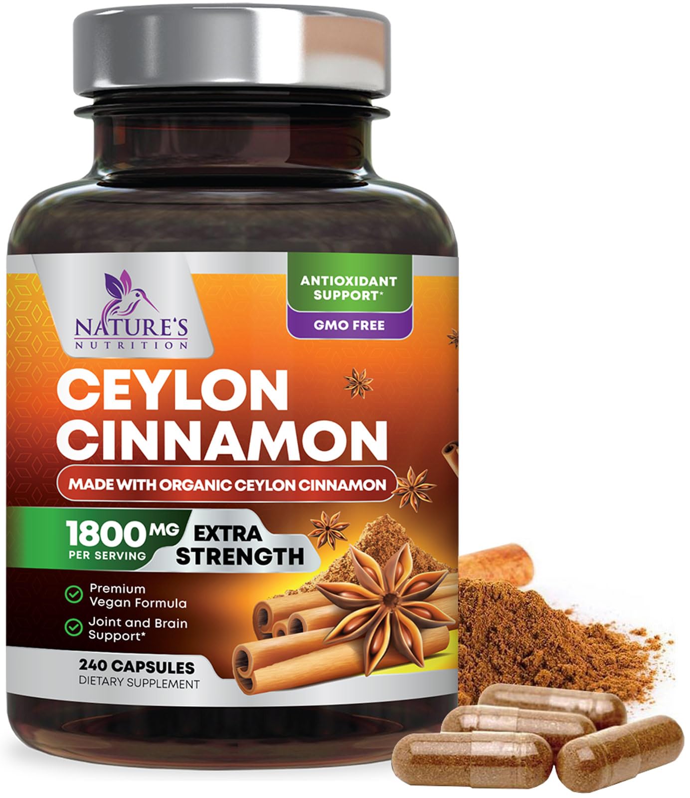 Organic Ceylon Cinnamon 1800mg Supplement – 240 Capsules (USA Bottled)