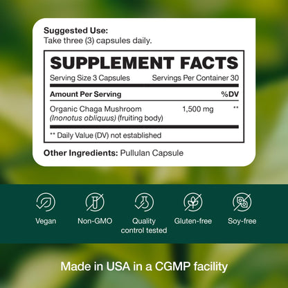 Organic Chaga Mushrooms – DNA Verified 1500mg per Serving – Non-GMO, Gluten & Soy Free, Vegan (Pack of 2)