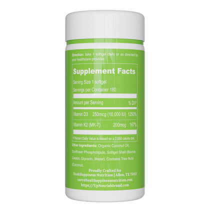UpNourish Liposomal D3 K2 Vitamin 10000 IU D3 & K2 MK-7 200 mcg – 180 Mini Softgels