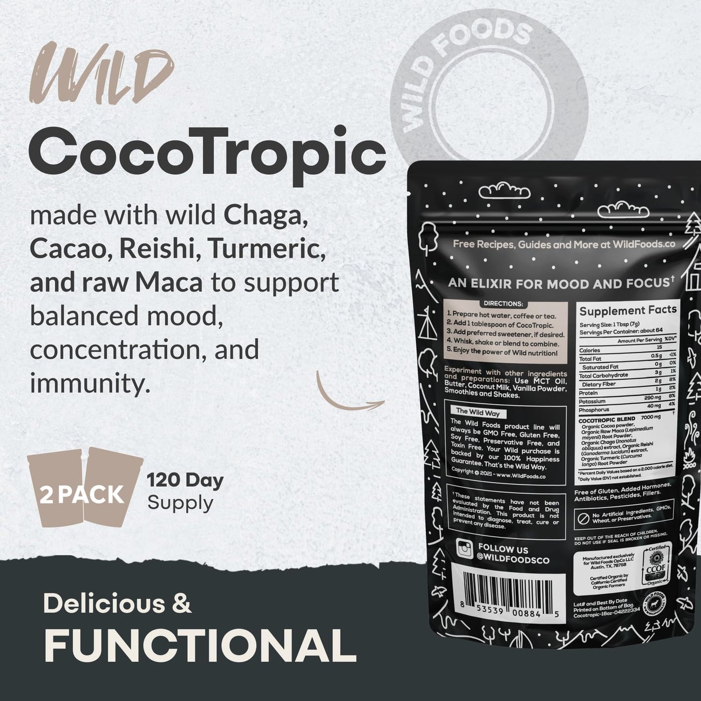 Organic Cocotropic Mushroom Hot Cocoa – Sugar Free, Reishi & Chaga, 16oz