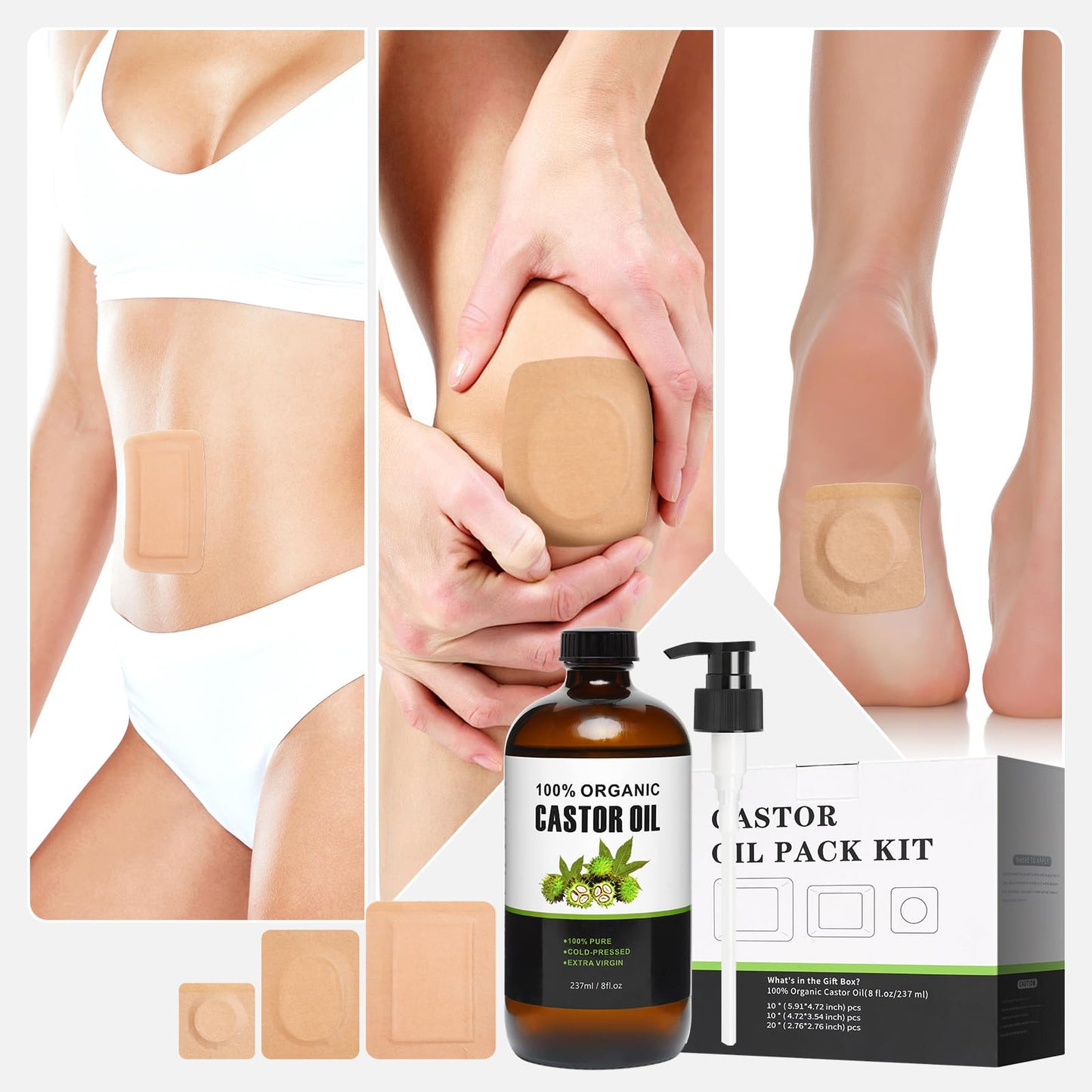 40 Pcs Castor Oil Pack Wrap – Self-Adhesive Patches + 8oz Organic Oil (237ml)