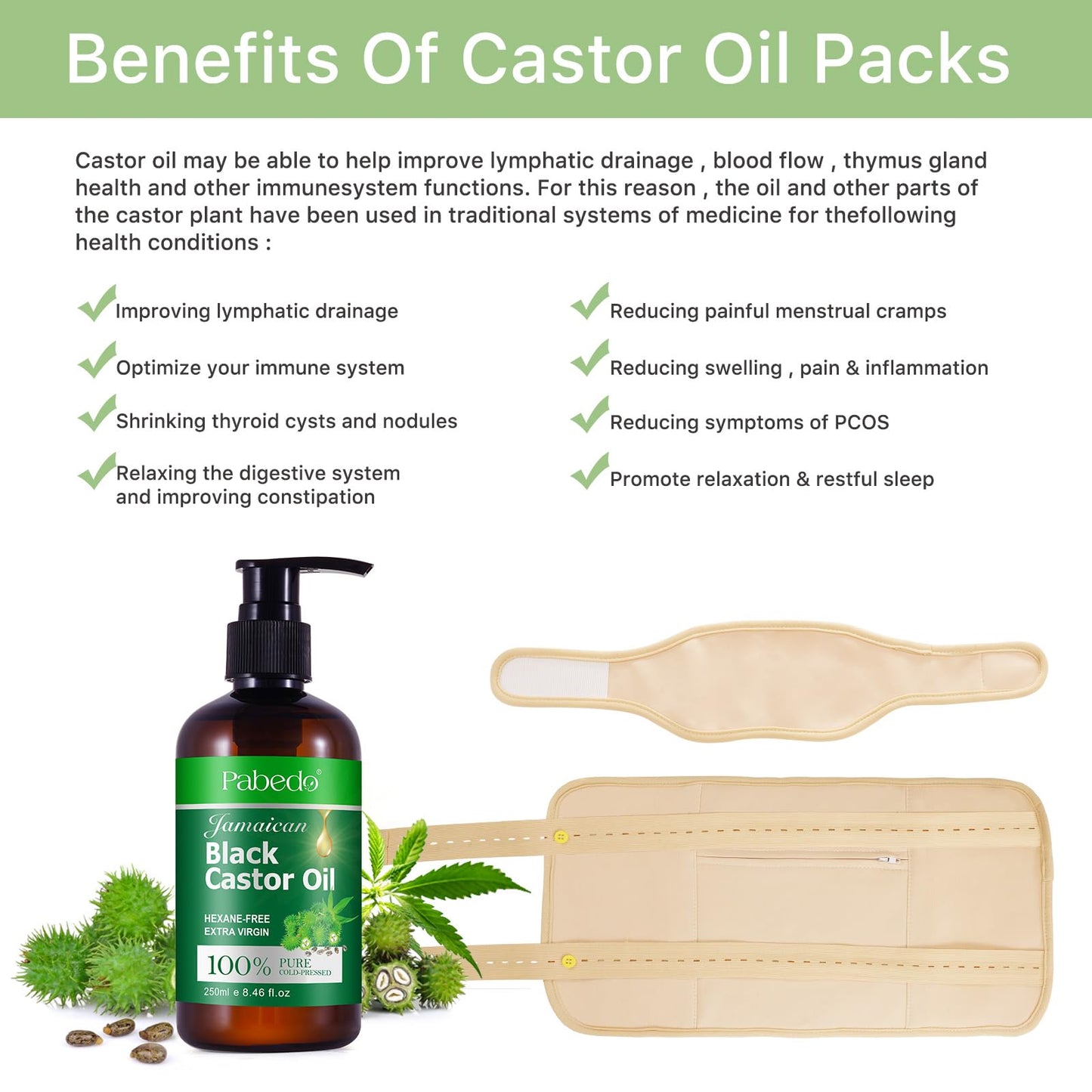 Castor Oil Pack Wrap | Organic Cotton, Cold-Pressed Jamaican Black Castor Oil 250ml, Anti-Leak