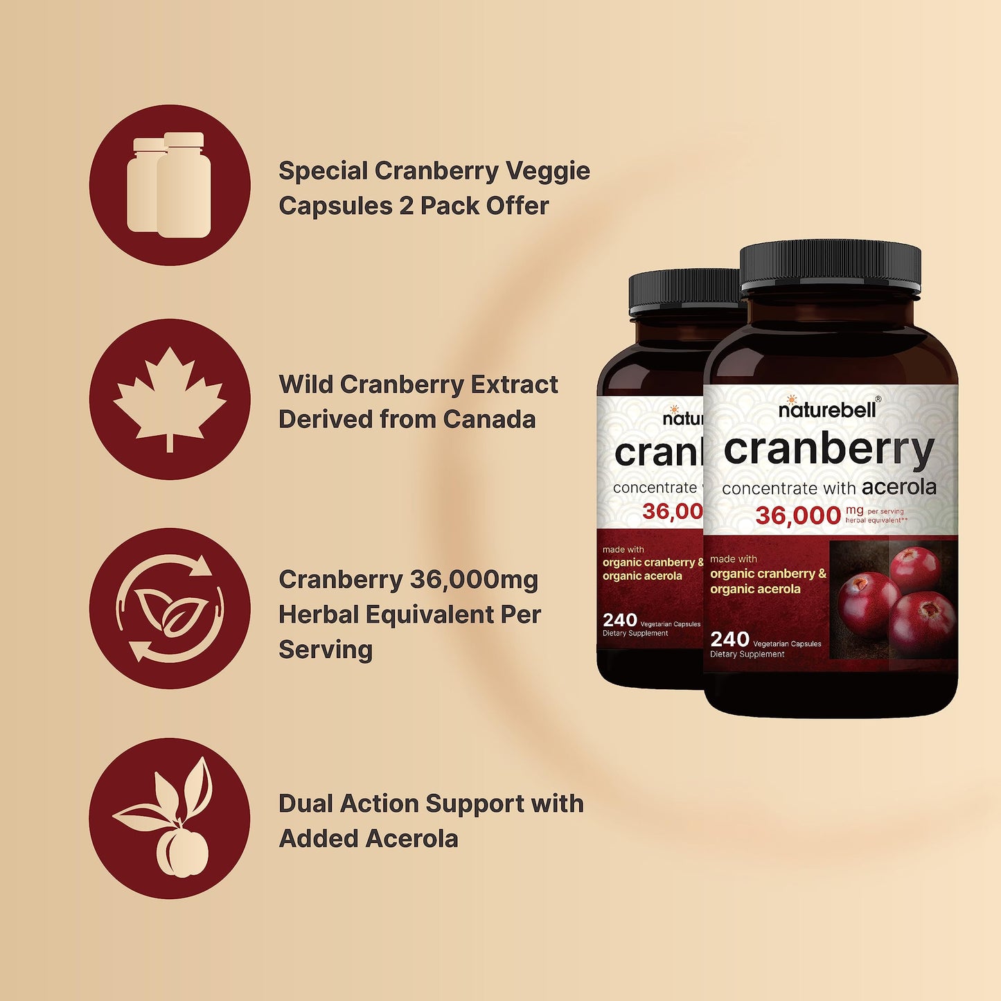 NatureBell Cranberry Pills 2 Pack – 36,000mg Extract, Acerola | Organic, Sugar Free