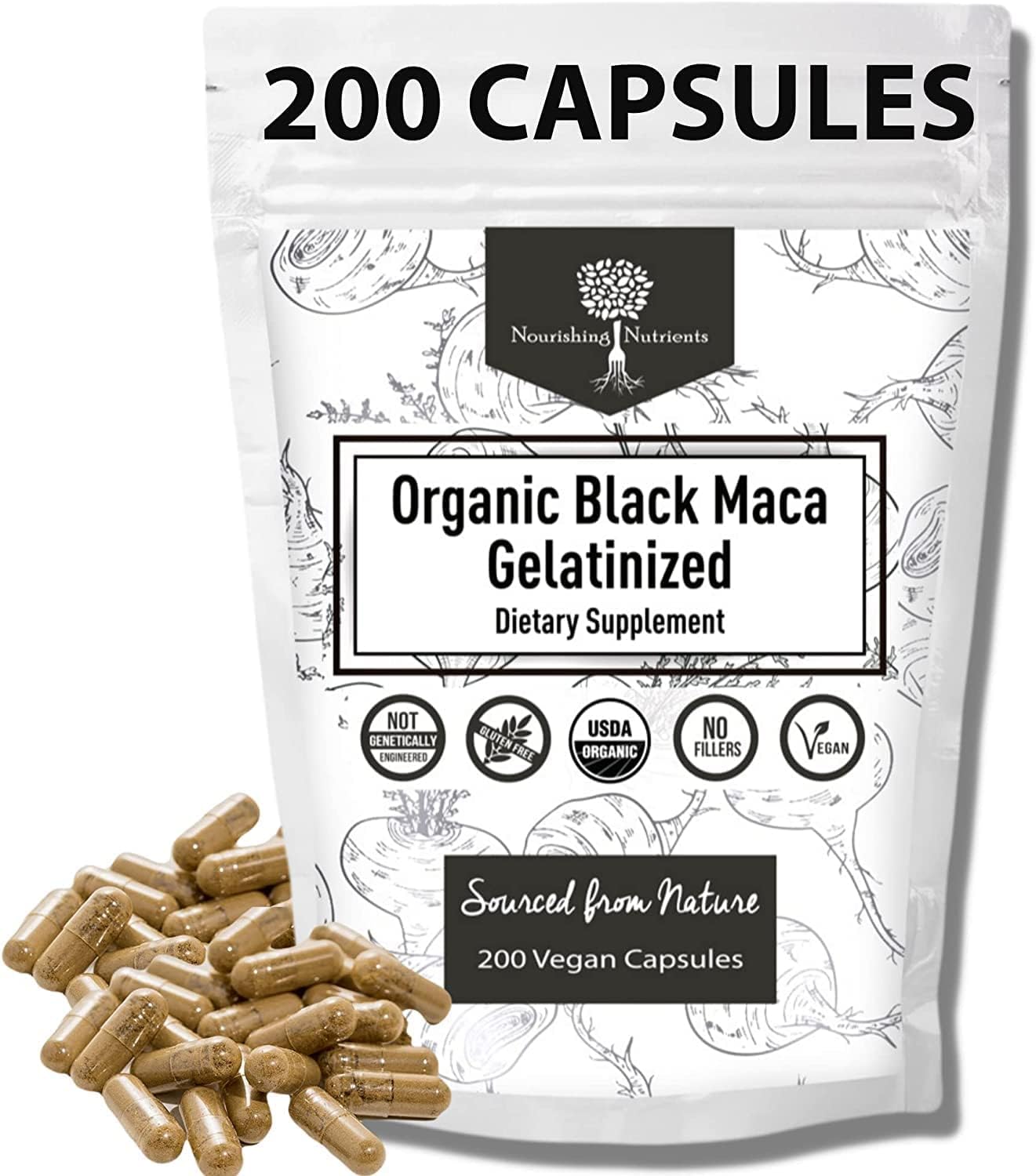 Organic Gelatinized Black Maca – 200 Capsules (1000 mg each) for Energy, Focus & Endurance