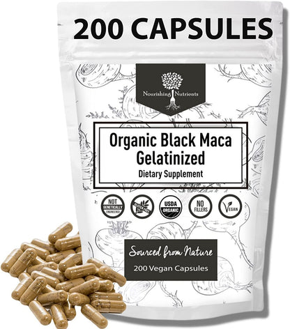 Organic Gelatinized Black Maca – 200 Capsules (1000 mg each) for Energy, Focus & Endurance