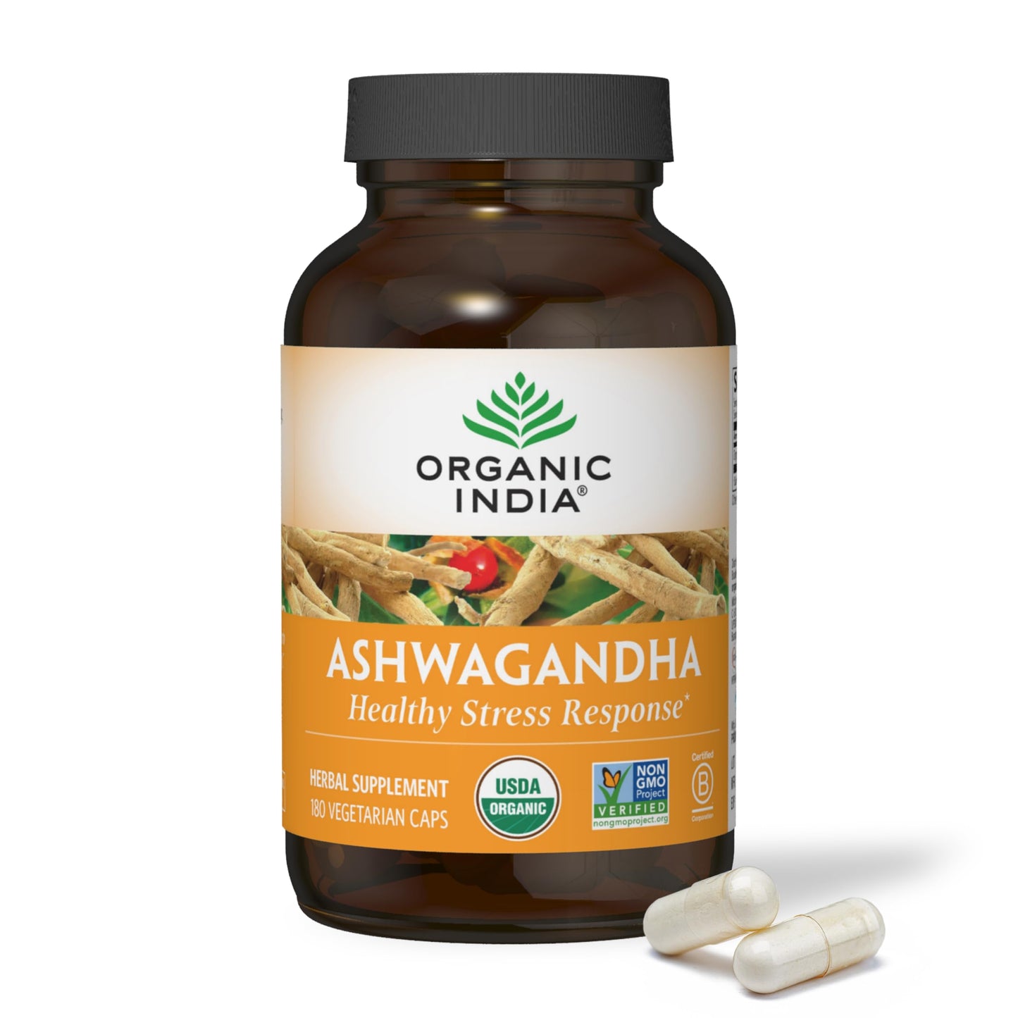 ORGANIC INDIA Ashwagandha Capsules - Organic Ashwagandha Supplement - Vegan, Gluten-Free, Kosher, Non-GMO - 180 Capsules