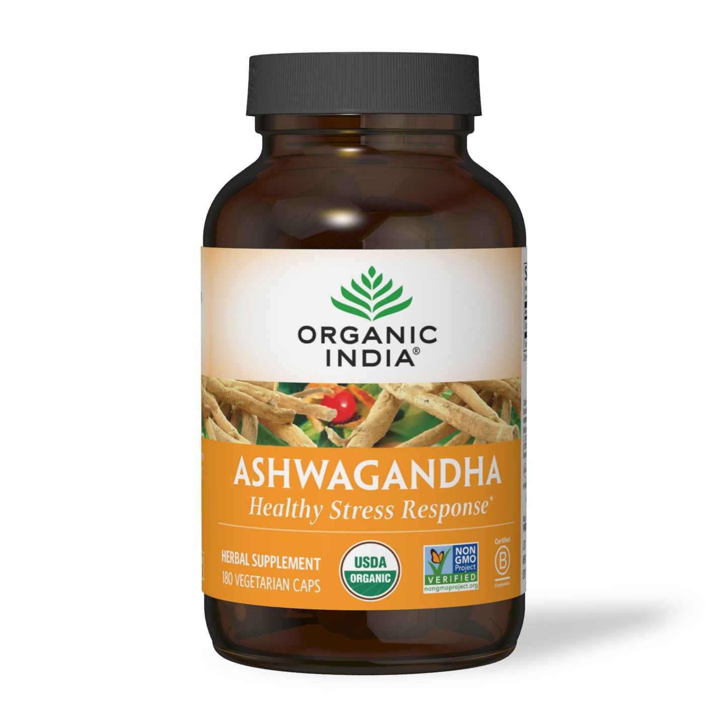 ORGANIC INDIA Ashwagandha Capsules - Organic Ashwagandha Supplement - Vegan, Gluten-Free, Kosher, Non-GMO - 180 Capsules