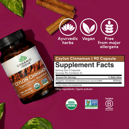 Organic India Ceylon Cinnamon Supplement | Cinnamon Capsules