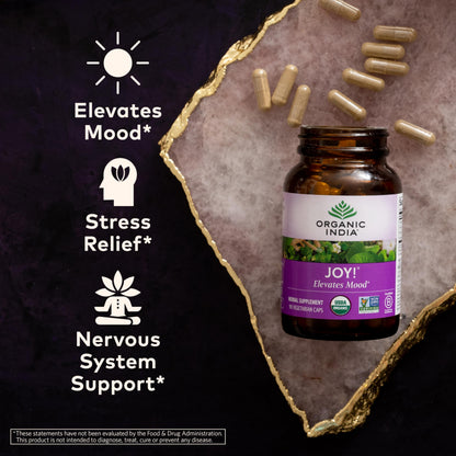 ORGANIC INDIA Joy Herbal Supplement – Immune Support, Memory & Focus, Vegan, Gluten-Free, Kosher, USDA Organic, Non-GMO, 90 Capsules