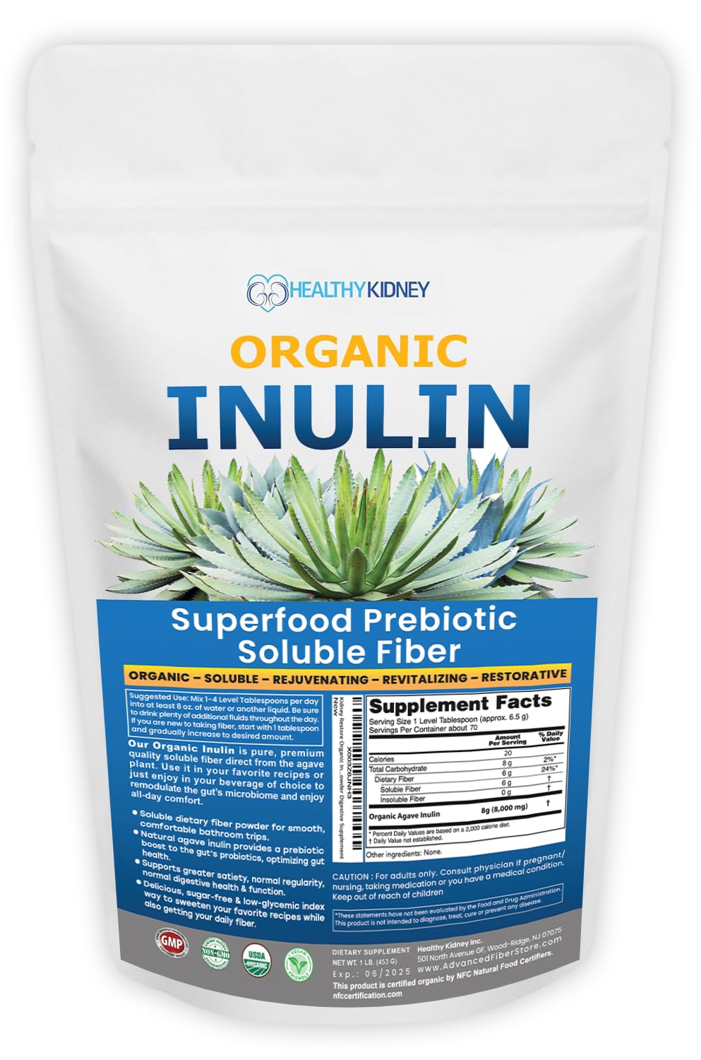 Organic Inulin Powder 16oz | Prebiotic Fiber for Digestive Health & Gut Wellness