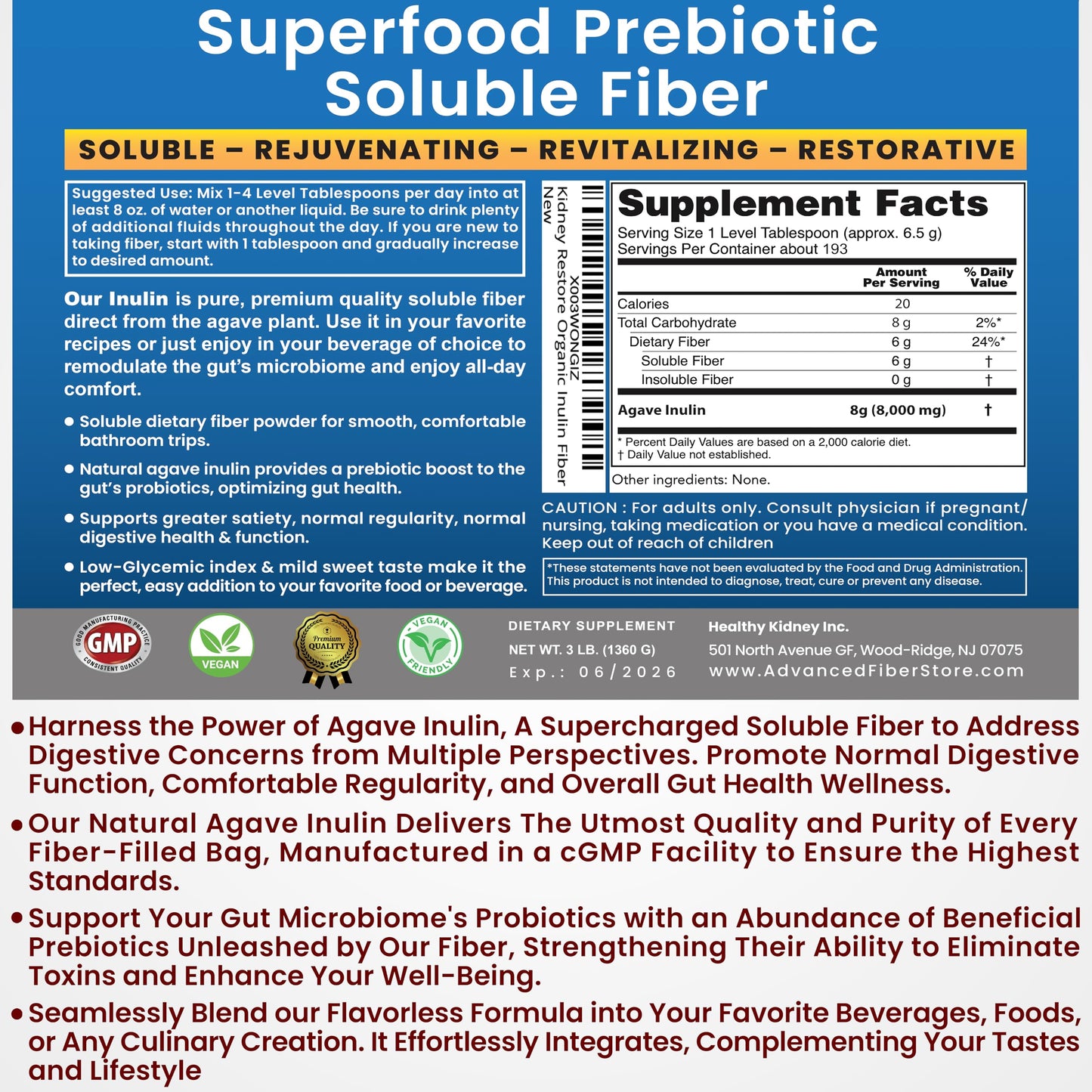Organic Inulin Powder 16oz | Prebiotic Fiber for Digestive Health & Gut Wellness