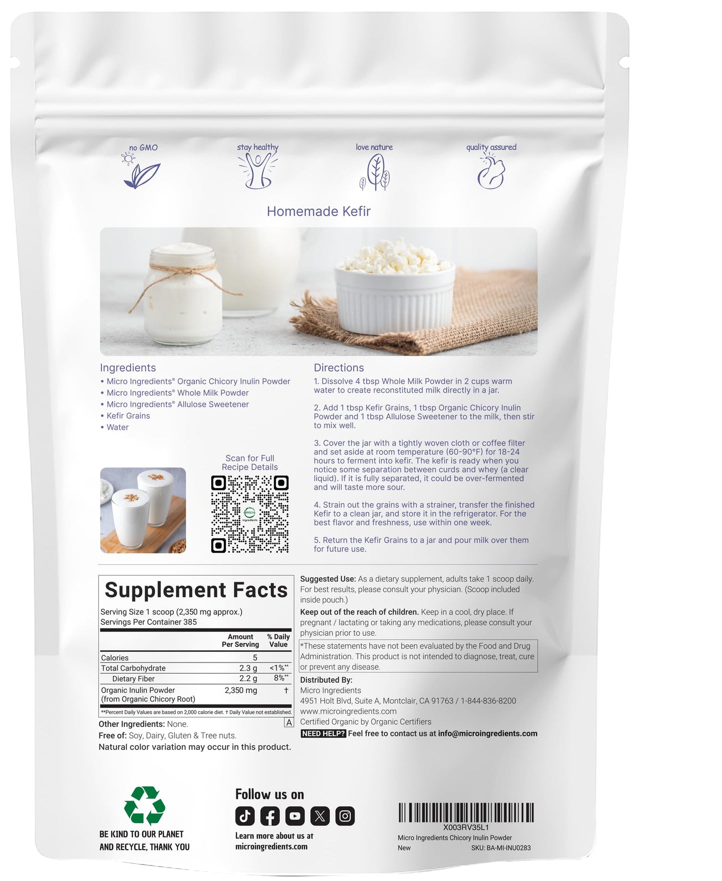 Organic Inulin Fiber Powder 2lb – Prebiotic Digestive Health, Unflavored & Vegan | Micro Ingredients
