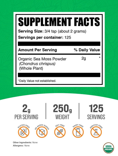 Organic Irish Sea Moss Powder | Sea Moss Supplement – Vegan & Gluten Free | 250g