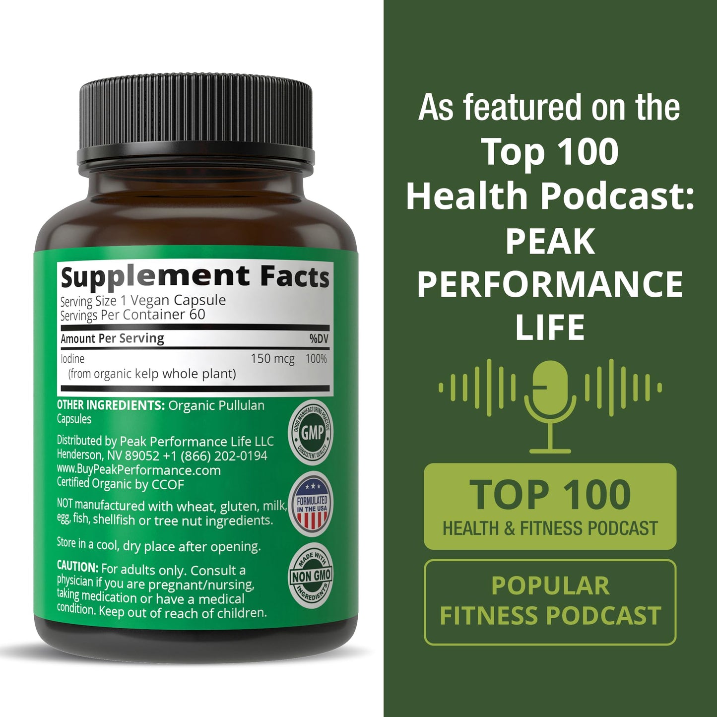 USDA Organic Raw Whole Food Iodine Supplement from Organic Kelp (Ascophyllum Nodosum) – 60 Vegan Capsules