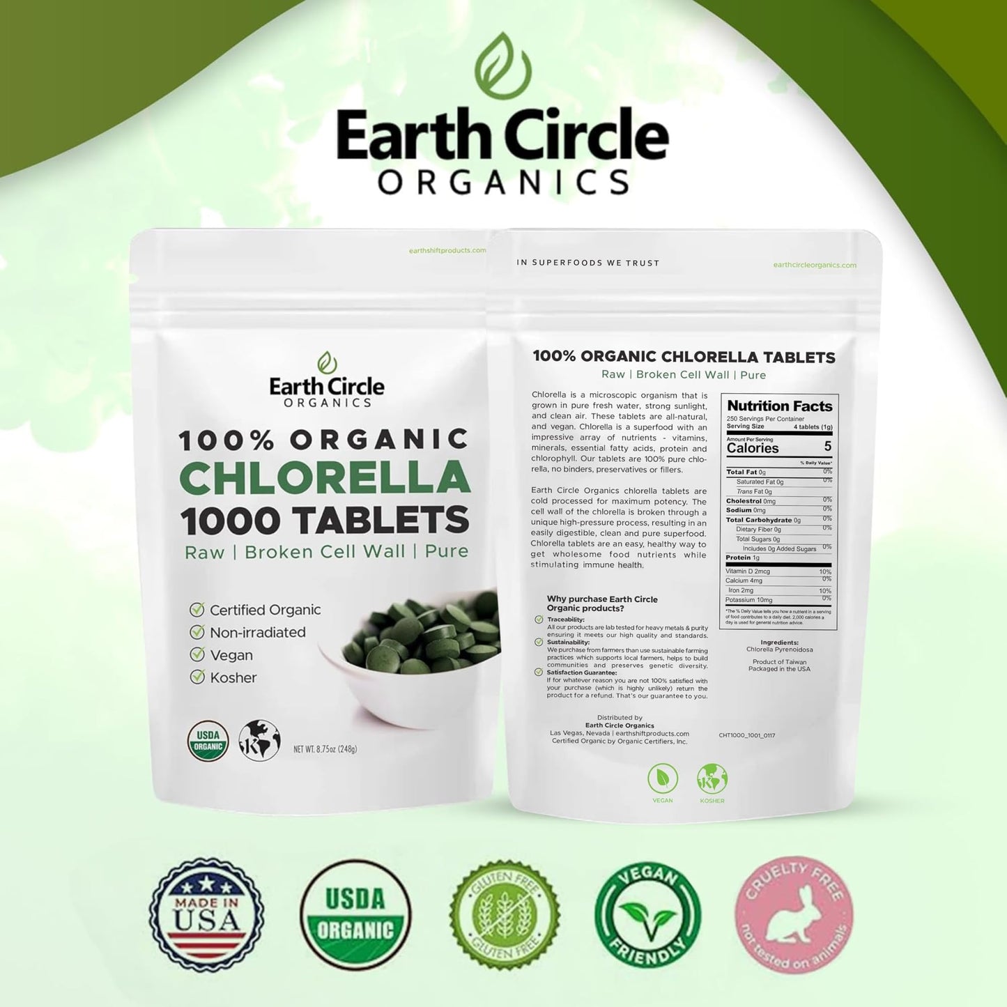 Organic Chlorella Tablets 1,000 Count | High Potency Superfood | Vegan, Kosher, Non-GMO