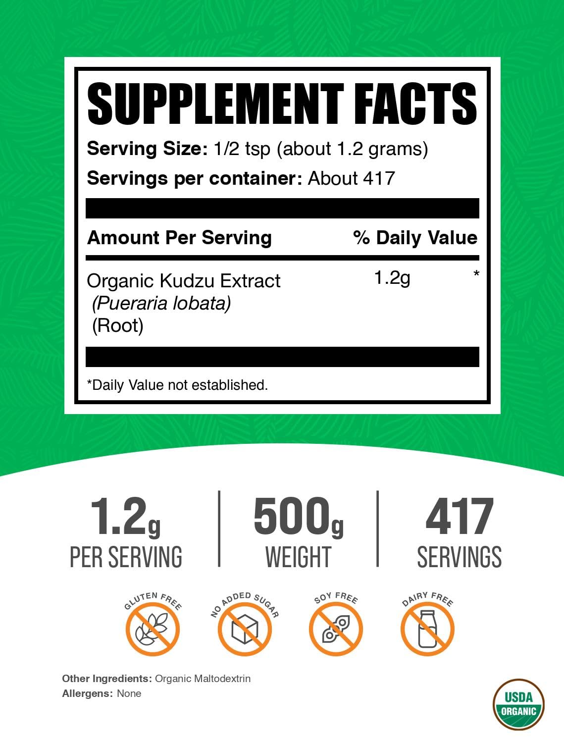 Organic Kudzu Root Extract Powder - 500g (1.1 lb) - Gluten Free | BulkSupplements.com
