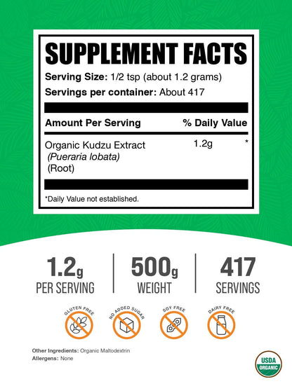 Organic Kudzu Root Extract Powder - 500g (1.1 lb) - Gluten Free | BulkSupplements.com