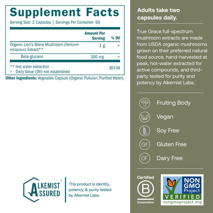 True Grace Lion's Mane Mushroom – Brain, Nerve & Cognitive Support | 120 Count Capsules | Organic