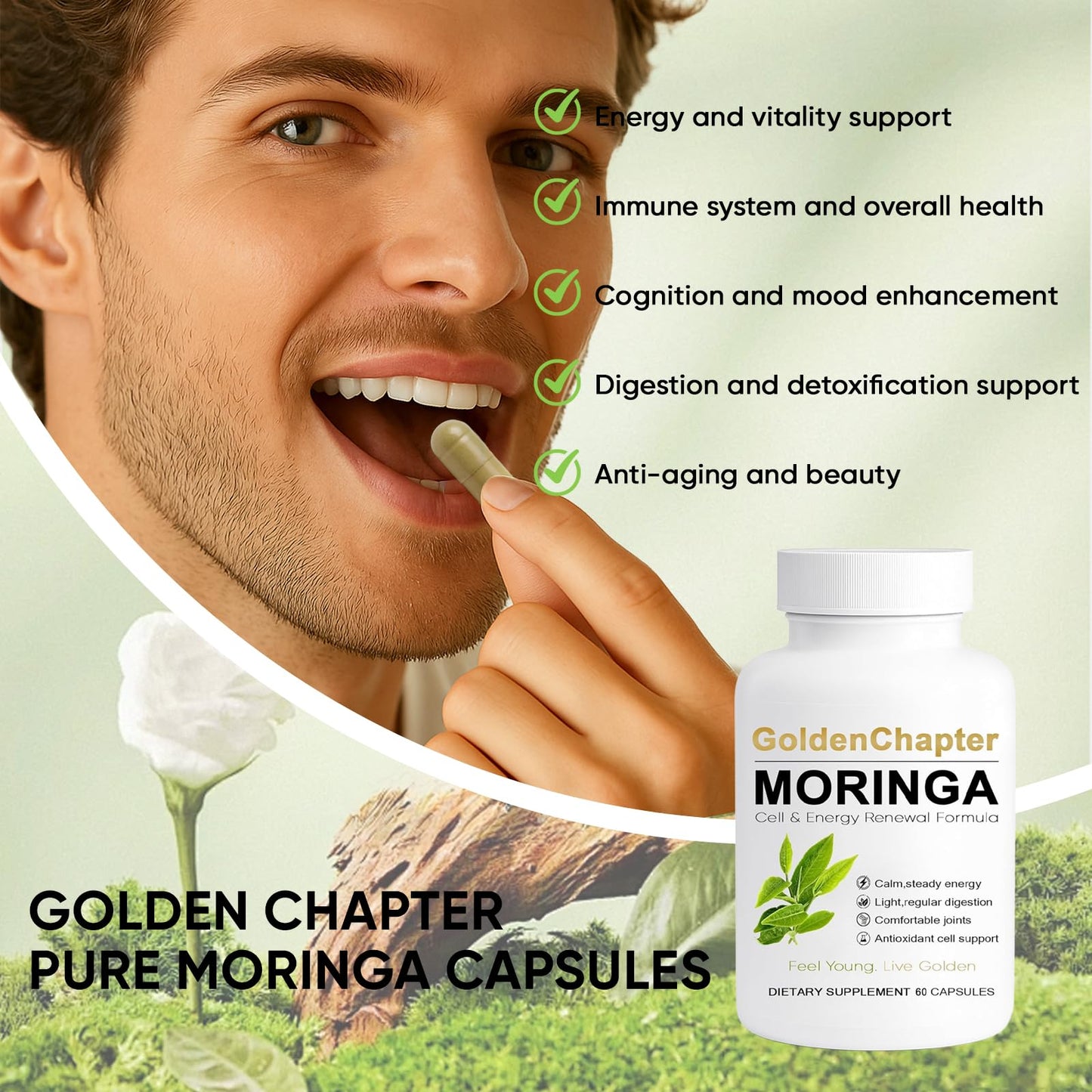 Golden Chapter Moringa Capsules – Iron, Magnesium, B12 & Vitamin C | Joint Support & Energy, 60 Count