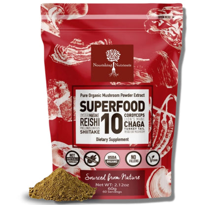 Organic Mushroom Powder Extract – 10-Mushroom Superfood Blend (14x Stronger) – 60g | USDA Immunity Booster