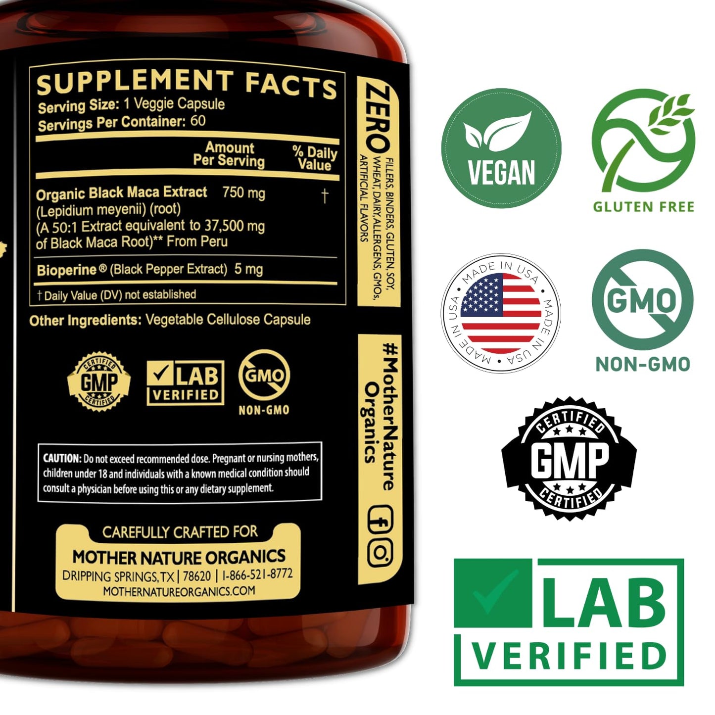 Black Maca Root 50:1 Extract 37,500mg – 60 Capsules | Organic Peruvian Maca