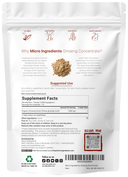 Micro Ingredients Organic Korean Ginseng Powder 200:1 - 4 oz | Red Panax Ginseng, High Ginsenosides