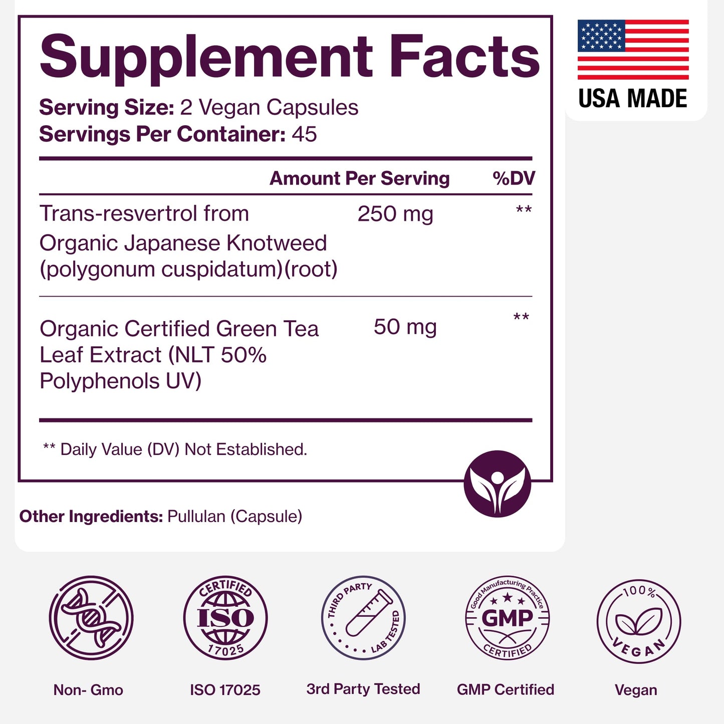 Organic Resveratrol Supplement – Trans-Resveratrol Capsules with Green Tea – Highly Purified & Bioavailable - 90 Vegan Caps