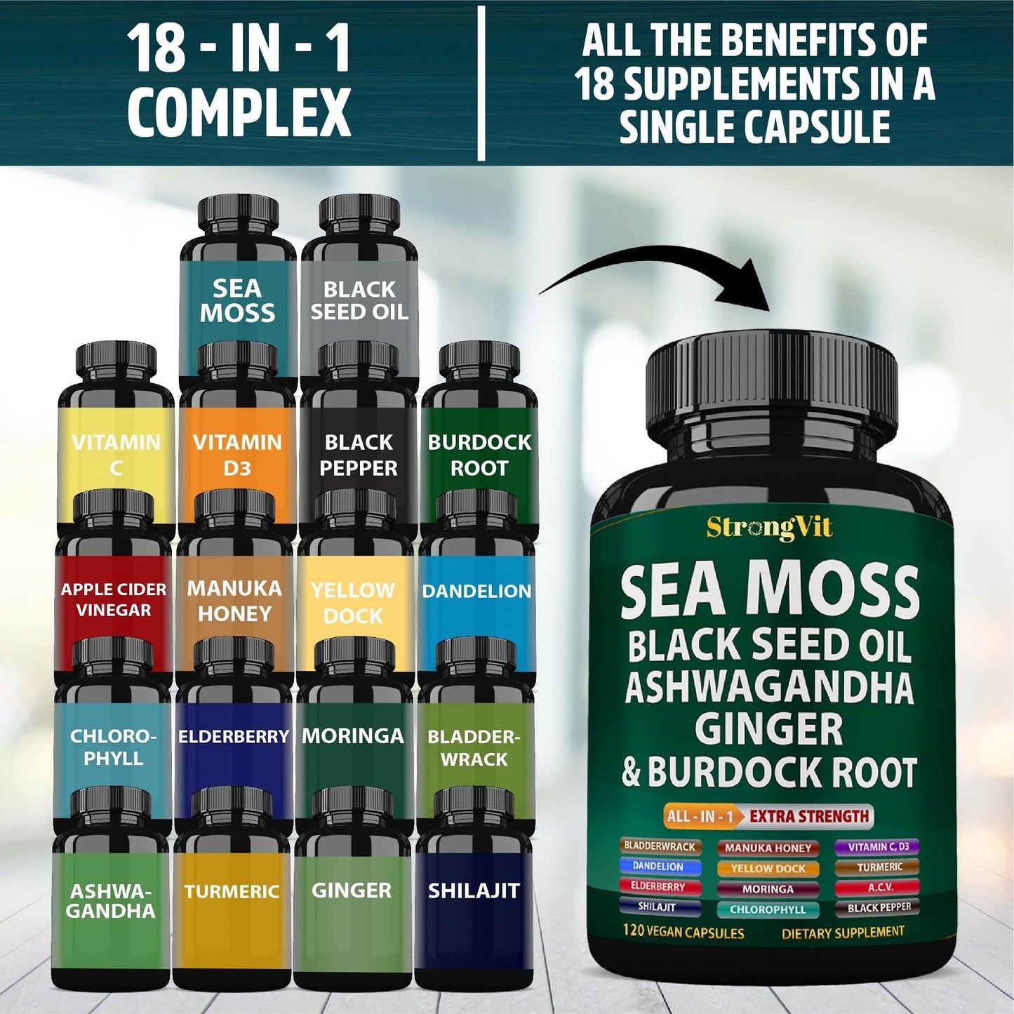 Sea Moss + Black Seed Oil Capsules with Ashwagandha & Ginger – Organic Multimineral Sea Moss (120 Capsules) USA