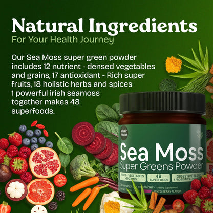 Atlantic Naturals Sea Moss Super Greens Powder – Mixed Berry (12 Veg, 15 Fruits, Probiotics, 16 Herbs)