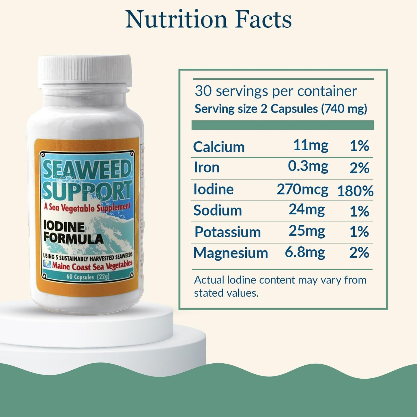 Maine Coast Sea Vegetables Seaweed Support Iodine Formula | Source of Iodine from Seaweed | Daily Use Iodine Supplement | Organic Alaria, Rockweed, Sea Lettuce, Dulse & Bladderwrack blend | 60 Capsule