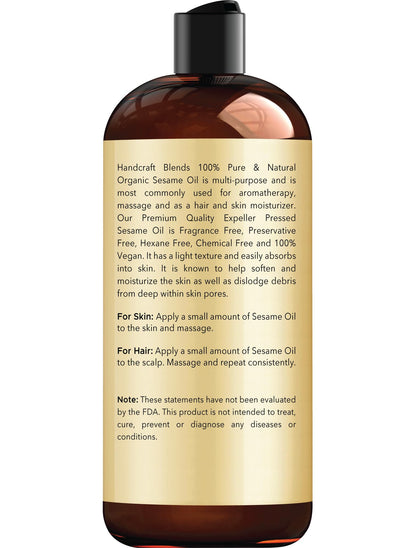 Organic Sesame Oil 16 oz - 100% Pure, Expeller-Pressed & Hexane-Free