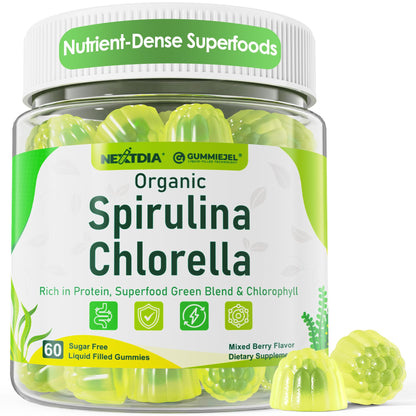 Organic Spirulina & Chlorella Gummies – Vegan Protein, Super Greens, Vitamins C & D3, Zinc & B12 | Sugar Free, 60 Count