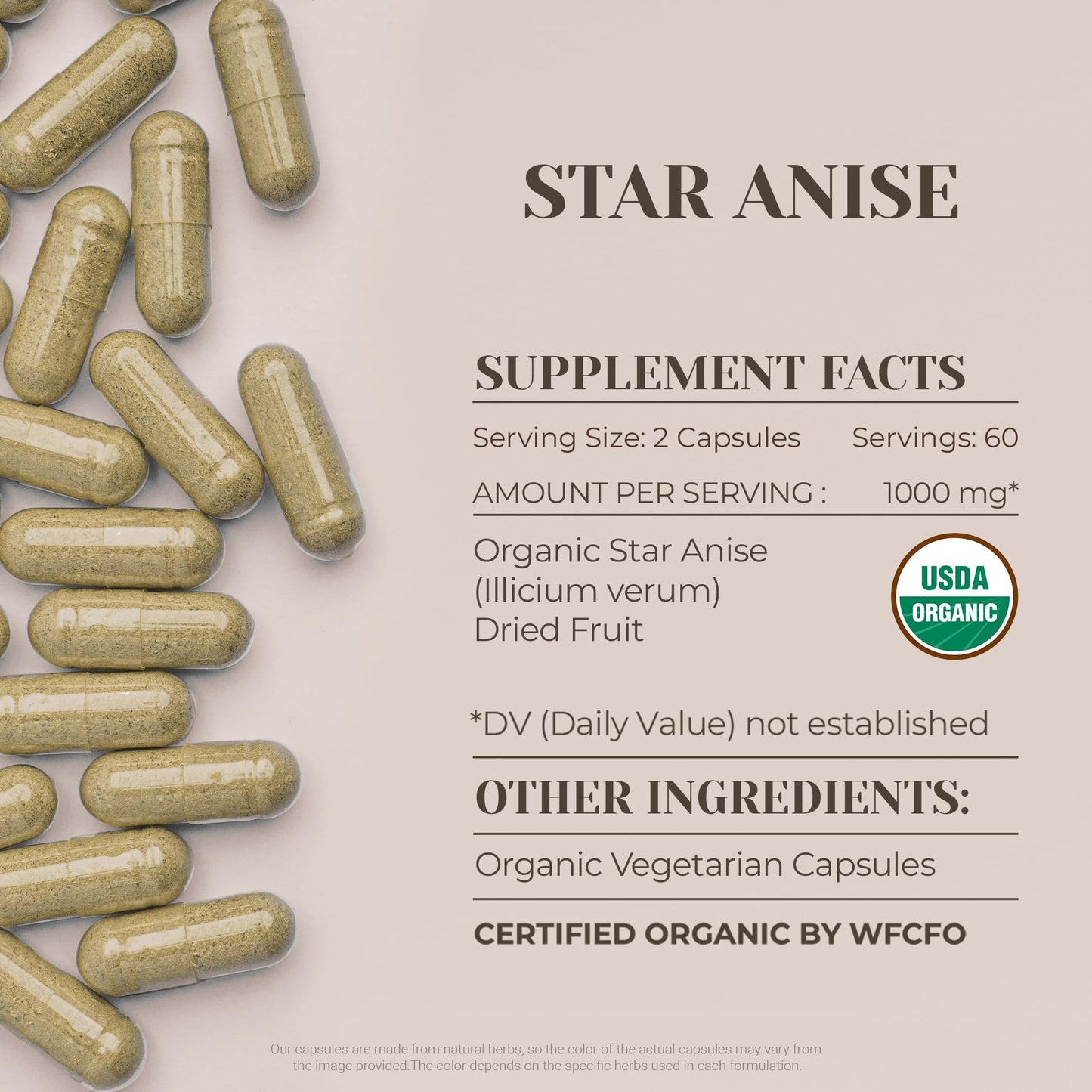 Star Anise USDA Organic 120 Capsules | Organic Star Anise (Illicium verum) Dried Seed