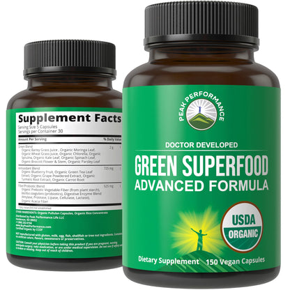 Organic Super Greens 150 Capsules – Green Juice Superfood with 25 Organic Ingredients