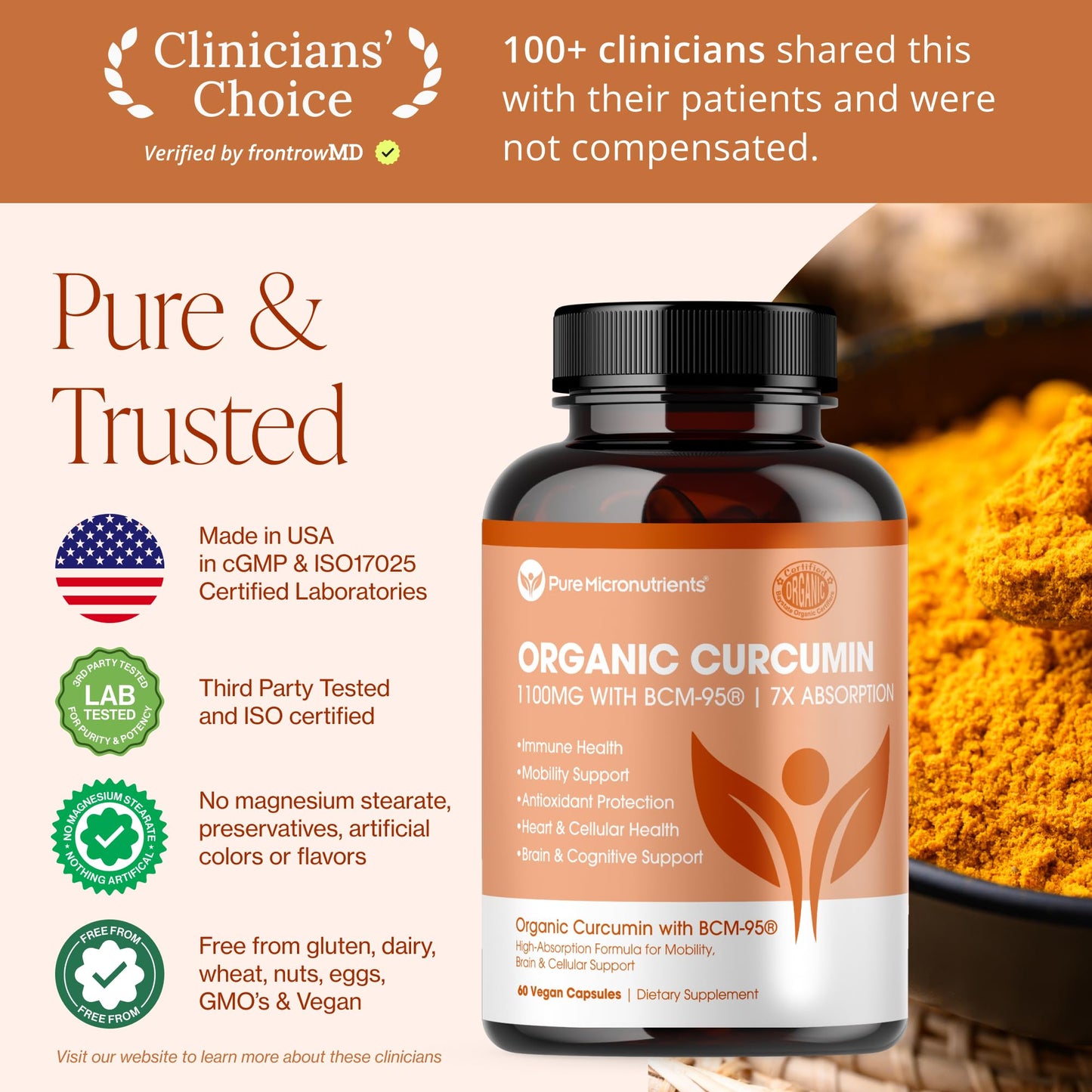 Organic Turmeric Curcumin with BCM-95 & Black Pepper – Inflammation, Brain & Immune Health | 60 Vegan Capsules