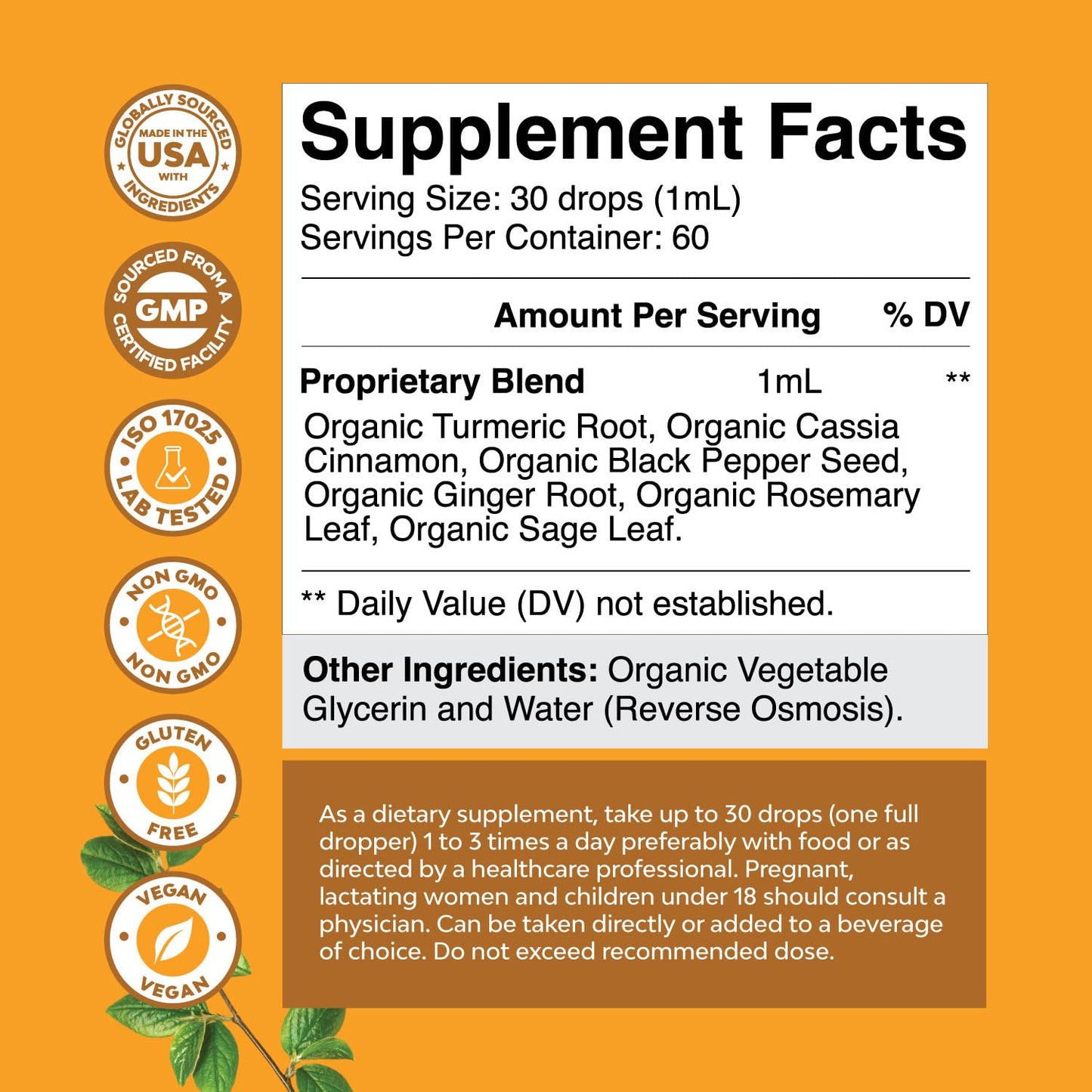 Organic Turmeric Liquid Drops for Adults – Turmeric Curcumin with Black Pepper & Ginger (60ml)