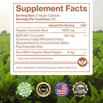 Organic Turmeric Curcumin with BCM-95 & Black Pepper – Inflammation, Brain & Immune Health | 60 Vegan Capsules