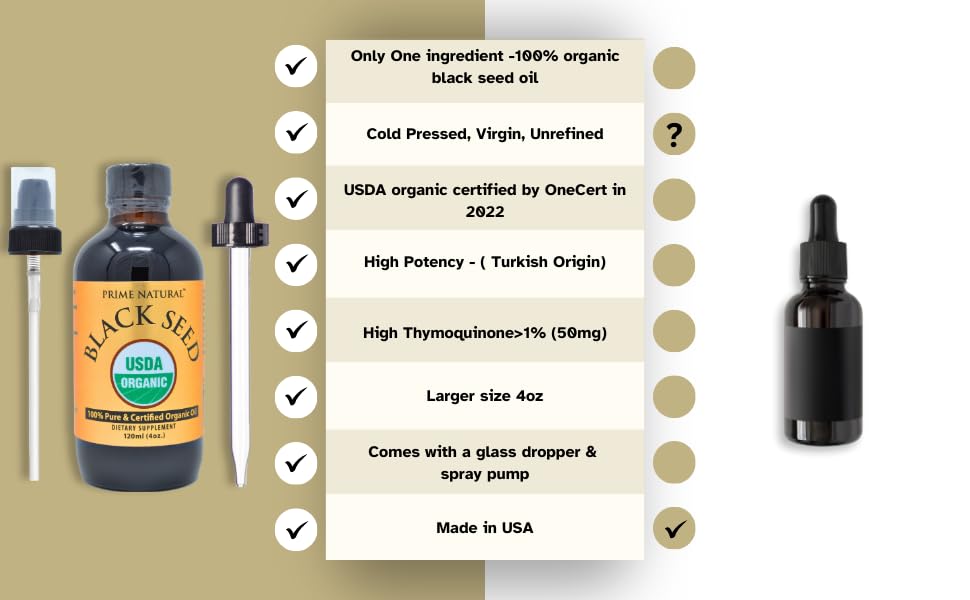 Prime Natural Organic Black Seed Oil 4oz – Cold Pressed, 1.7% Thymoquinone, USDA Organic, Turkish Origin