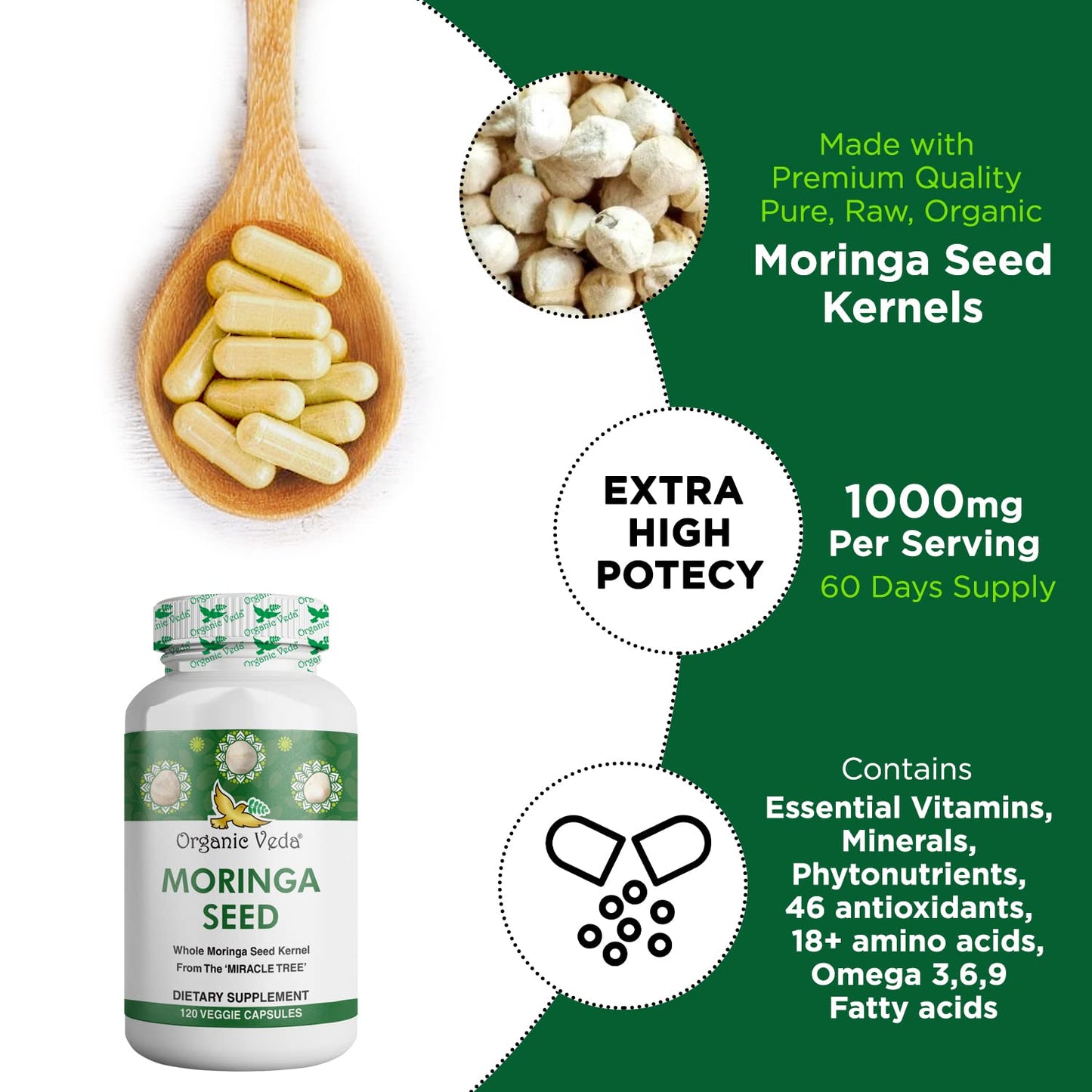 Organic Veda Moringa Seed Capsules – 1000 mg Moringa Seed Powder & Oil, 120 ct