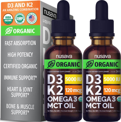 (2 Pack) Organic Vitamin D3 K2 Drops 5000 IU | MCT Oil, Omega-3, Unflavored 2 oz