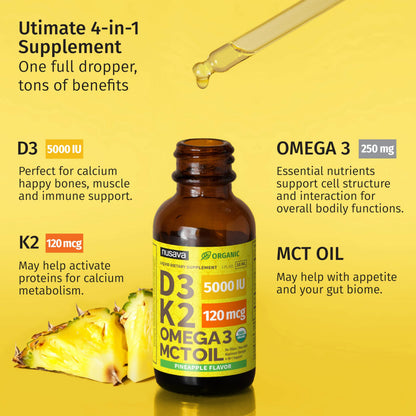 2 Pack Organic Vitamin D3 K2 Drops with MCT Oil – Pineapple 2 fl oz | 5000 IU Immune Support