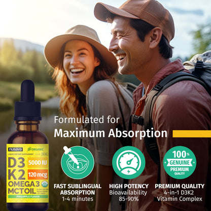 2 Pack Organic Vitamin D3 K2 Drops with MCT Oil – Pineapple 2 fl oz | 5000 IU Immune Support