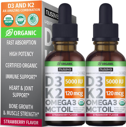 (2 Pack) Organic Vitamin D3 K2 Drops 5000 IU - Immune Support, Strawberry (2oz)