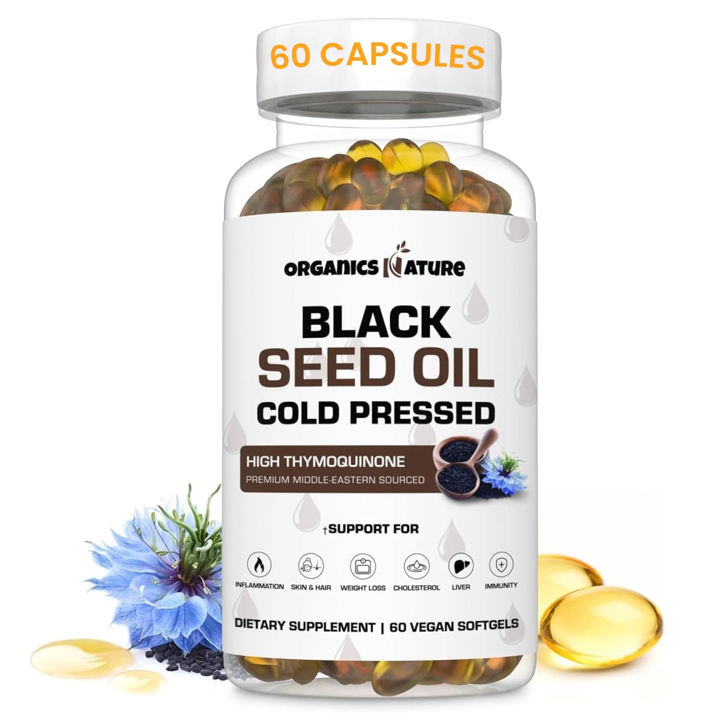 ORGANICS NATURE Black Seed Oil Capsules 1000mg – Vegan Softgels | Thymoquinone 20mg | Omega 3-6-9