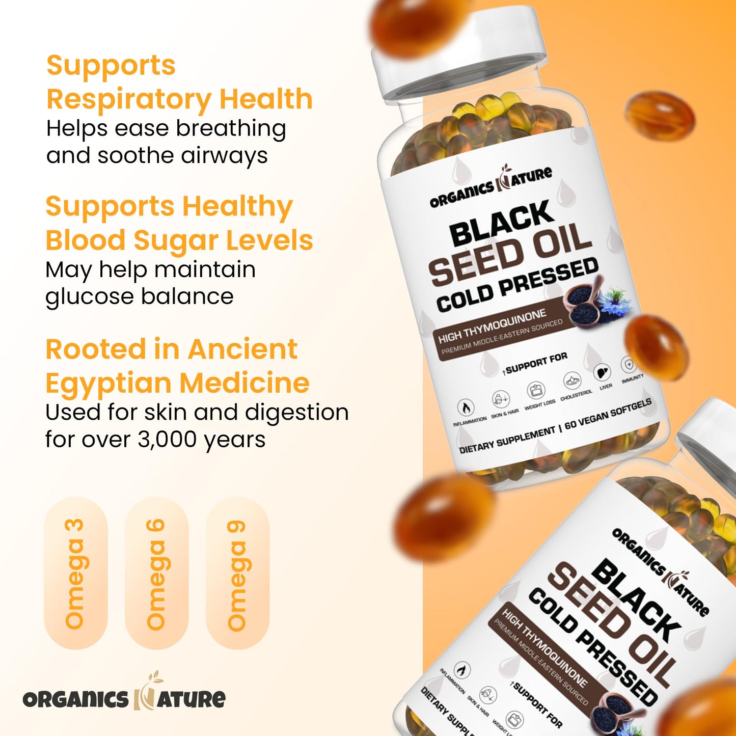ORGANICS NATURE Black Seed Oil Capsules 1000mg – Vegan Softgels | Thymoquinone 20mg | Omega 3-6-9