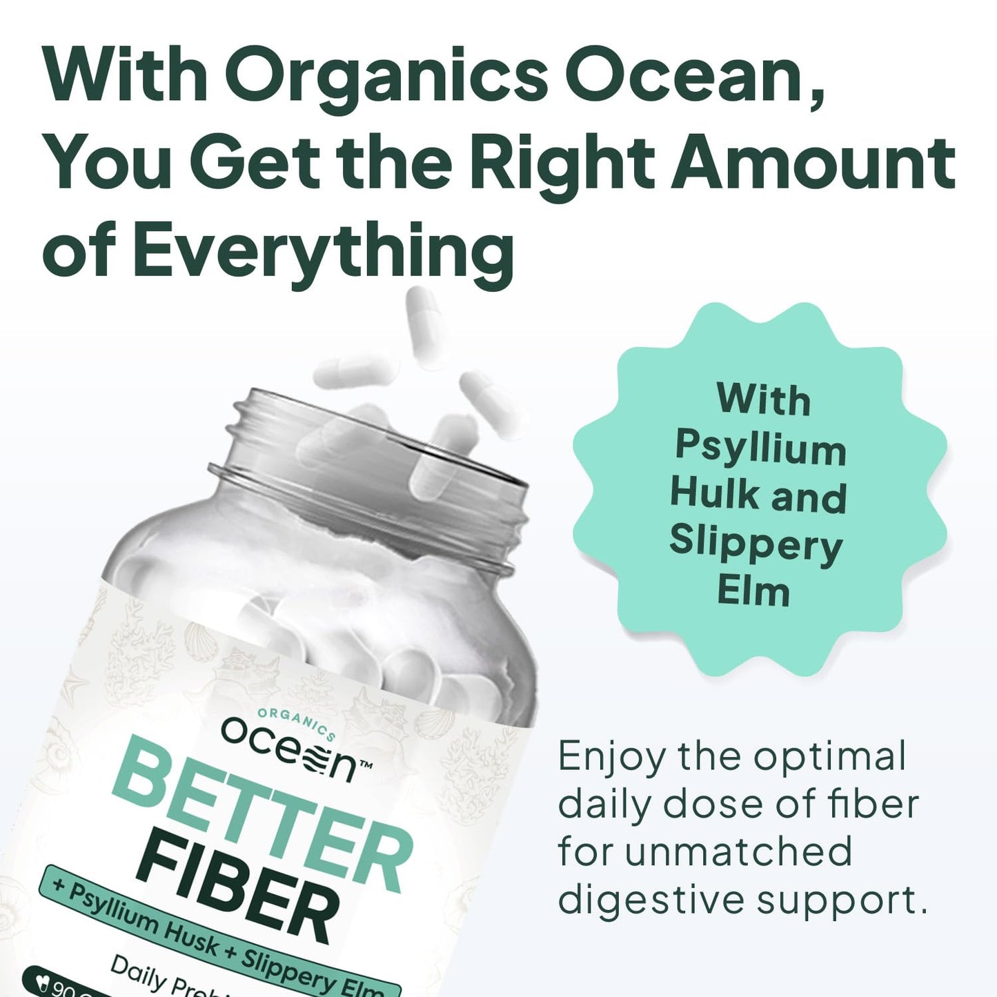 Organics Ocean Better Fiber - Daily Fiber Supplement for Softer Stool - 90 Capsules