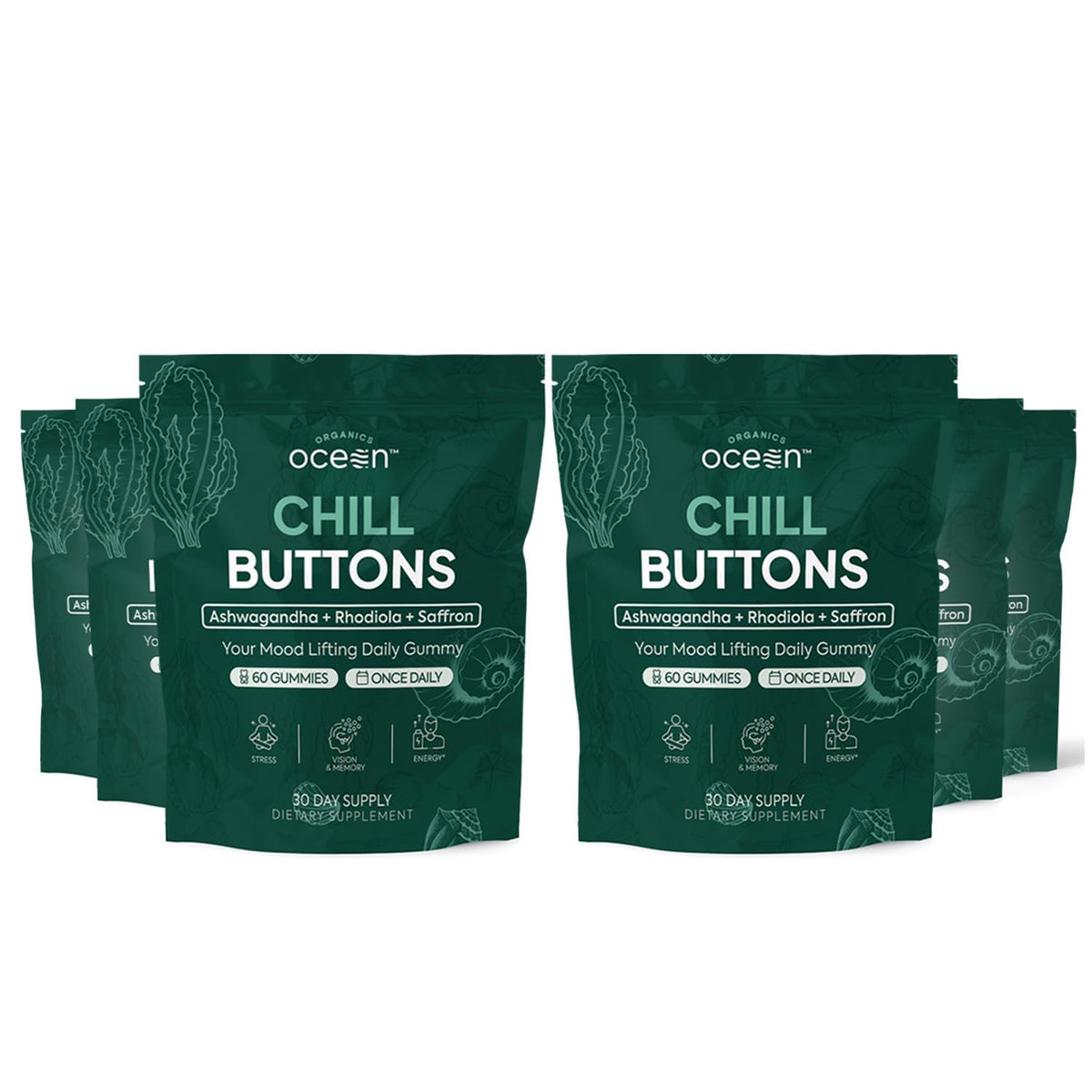 Organics Ocean Chill Buttons – Natural Ashwagandha Gummies with KSM-66, Rhodiola & Saffron | Relaxation, Mood & Focus (6-Pack, 360 Count)