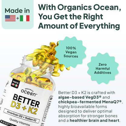 Organics Ocean Better D3 + K2 – 3000 IU VegD3 + MenaQ7 K2 (Vegan, Non-GMO) – 1-Pack, 30-Day Supply