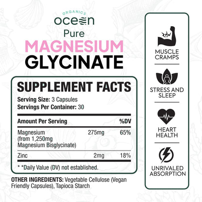 Organics Ocean Magnesium Glycinate with Zinc – Maximum Strength Chelated Magnesium (90 Capsules)